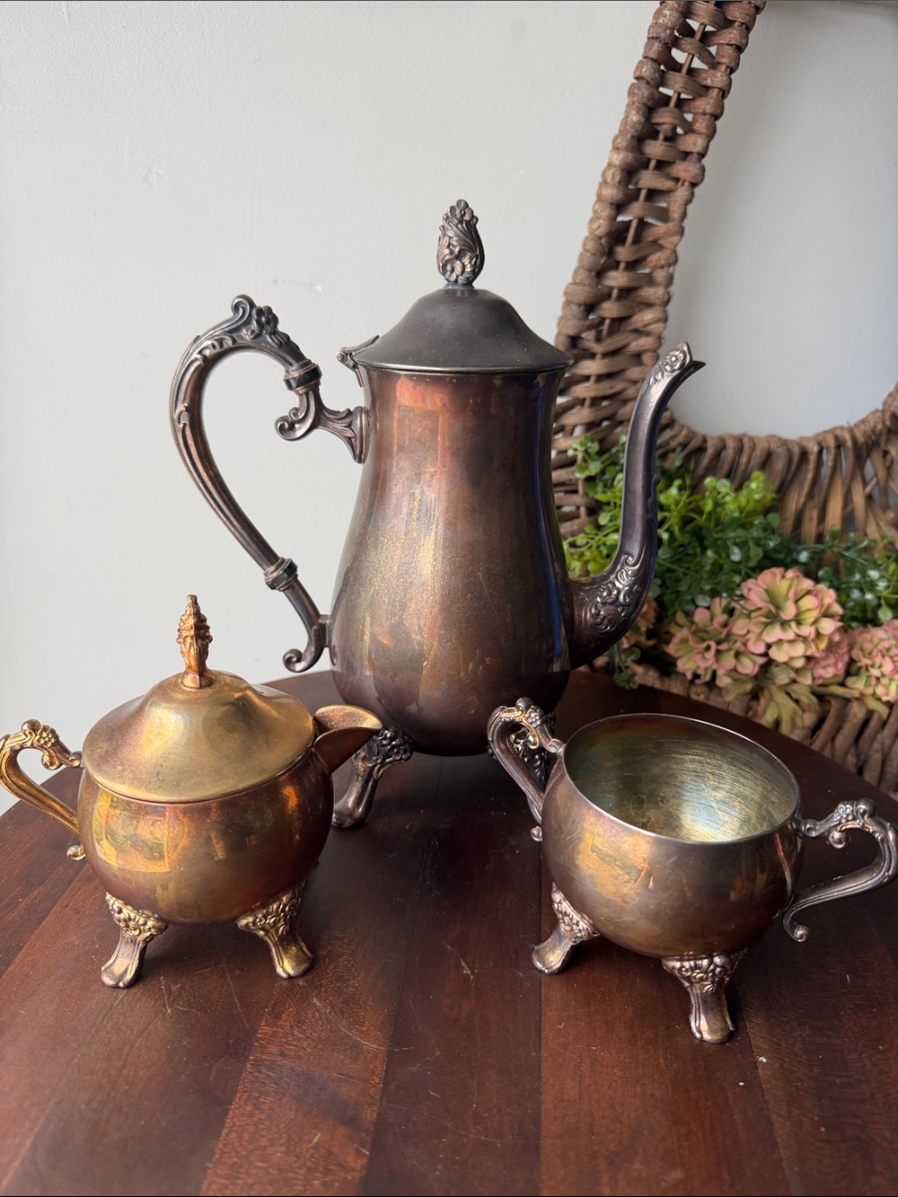 Antique Silver Plate over Brass Tea Set